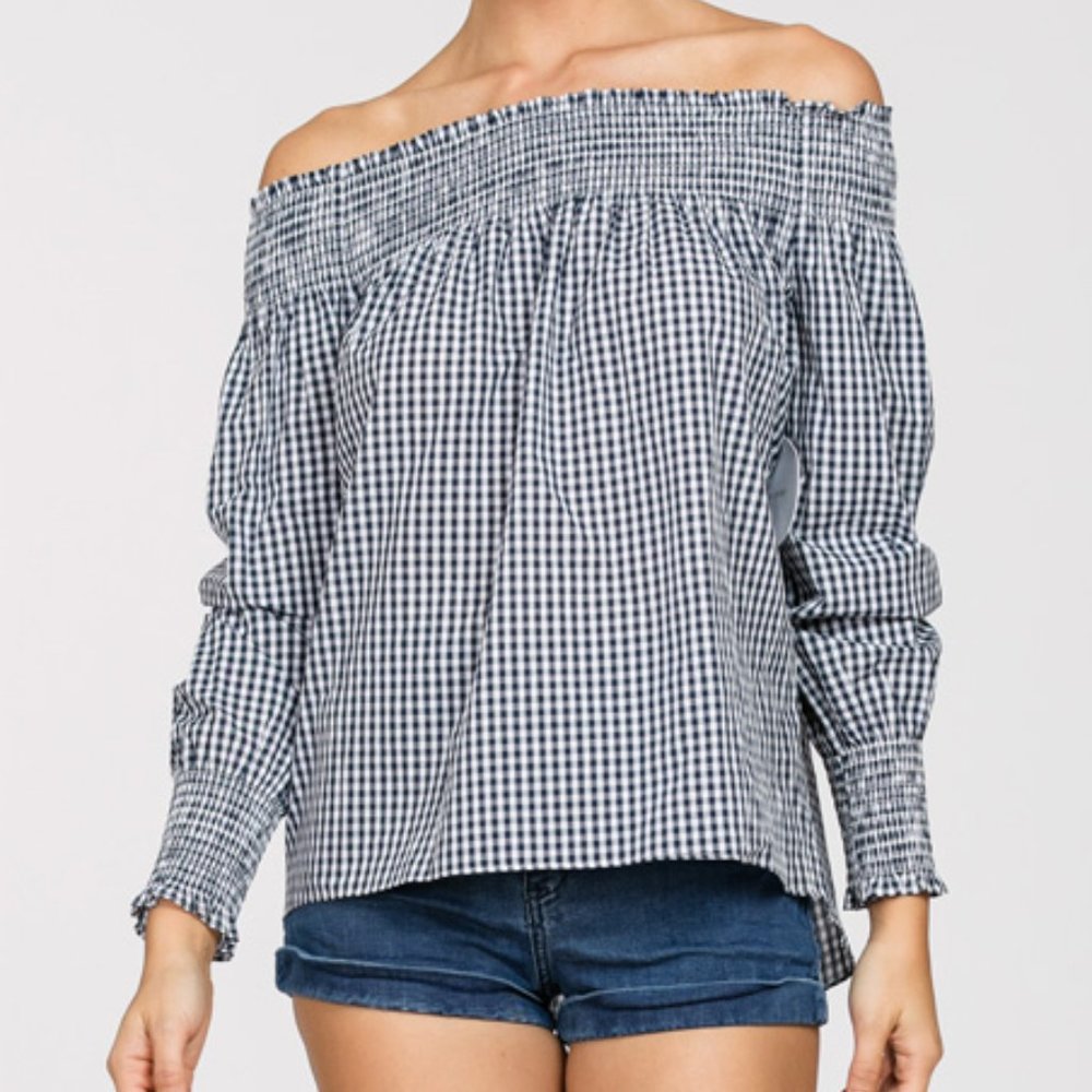 OFF SHOULDER CHECK PRINT TOP NAVY